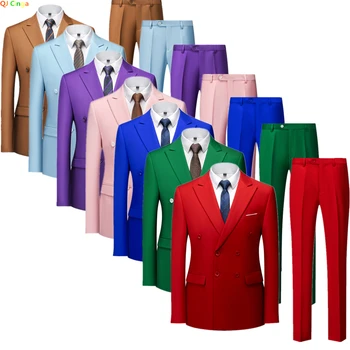 16 цветов Двубортный костюм из двух предметов, мужская мода, приталенный пиджак с брюками, Свадебные, деловые мужские комплекты, красный, синий, зеленый