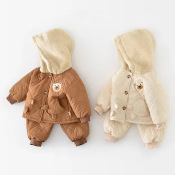 MILANCEL 2023 Новый Зимний комплект детской одежды Меховая толстовка с капюшоном Парки Флисовые брюки Костюм для мальчиков из 2 предметов