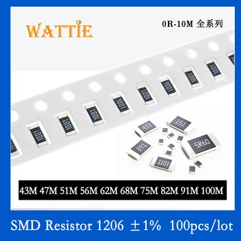 SMD резистор 1206 1% 43M 47M 51M 56M 62M 68M 75M 82M 91M 100M 100 шт./лот микросхемные резисторы 1/4 Вт 3,2 мм* 1,6 мм высокой мегомности