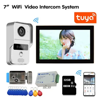 Tuya Wifi 7-дюймовый Видеодомофон Домофон Система Входа 1 Монитор + 1 HD-Камера RFID-Доступа + Электрический Магнитный Замок Контроля Доступа