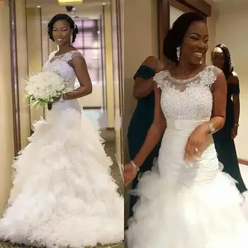 Африканская Вышитая Бисером Русалка Для Невесты 2023 Плюс Размер Оборки Белые Свадебные Платья В Стиле Кантри На Заказ Garden Bridal