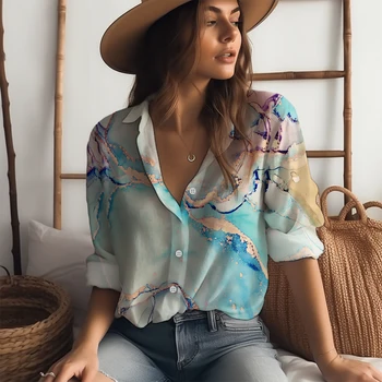 Весенне-осенняя женская рубашка для пляжного отдыха, классическая рубашка с длинным рукавом на пуговицах, модная рубашка с отложным воротником с 3D-принтом