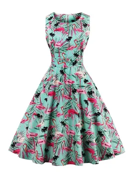 Винтажное платье в стиле ретро 50-х годов с принтом фламинго, женское хлопковое платье-пинап с высокой талией и круглым вырезом без рукавов, Летние вечерние платья Хепберн для вечеринок
