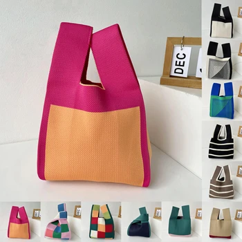 Вязаная сумочка ручной работы, женская мини-сумка на запястье, японская повседневная цветная сумка в широкую полоску, студенческие сумки для покупок многоразового использования