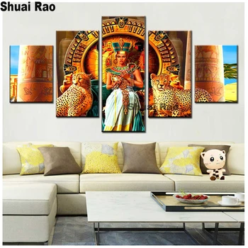 Египетская королева Клеопатра и леопард алмазная живопись полная квадратная круглая алмазная вышивка 5 панелей Леди и декор стен с животными,