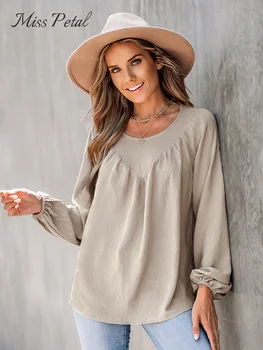 Женская гофрированная блузка с длинным крестьянским рукавом, Элегантная футболка с круглым вырезом, весенне-осенние футболки 2023, уличная одежда