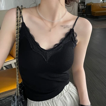 Женская майка Корейская версия, однотонный V-образный вырез, кружевная строчка, Облегающая мода, с подкладкой на груди, топы без рукавов