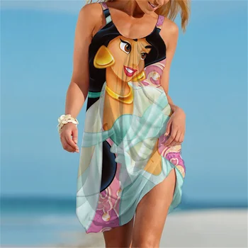 Женская мода Disney Jasmine с присборенным атласным мини-платьем, винтажные женские платья без рукавов с круглым вырезом, Vestidos Mujer