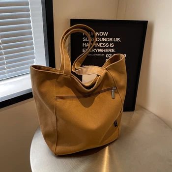 Женская холщовая сумка-тоут, однотонная дизайнерская женская повседневная сумка, сумка через плечо, хлопковая многоразовая сумка для покупок большой емкости