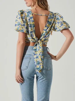 Женские летние модные укороченные топы с коротким пышным рукавом, футболка с круглым вырезом и завязками на спине, цветочная футболка