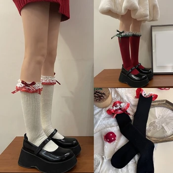 Женские носки JK Girls Princess в рубчик из телячьей кожи с японской кружевной отделкой со сладкими оборками, Рождественская лента с бантом, Толстые Теплые носки