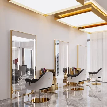 Зеркальный столик для парикмахерской и специальное зеркало для укладки волос от пола до потолка с подсветкой в зоне горячего окрашивания