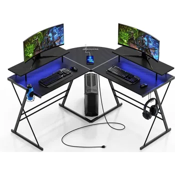Игровой стол, L-образный компьютерный угловой стол, 53-дюймовый эргономичный игровой стол с подставками для мониторов, Компьютерный стол со светодиодными полосами