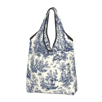 Изготовленная на заказ винтажная сумка для покупок Toile De Jouy, женская портативная сумка для покупок большой емкости, темно-синие и белые сумки-тоут
