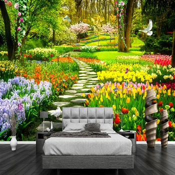 Изготовленная на Заказ Фреска 3D Сад Парк Маленькая Дорога Цветы Пейзаж Фон Фото Обои для Настенной Живописи Гостиная Декор Спальни