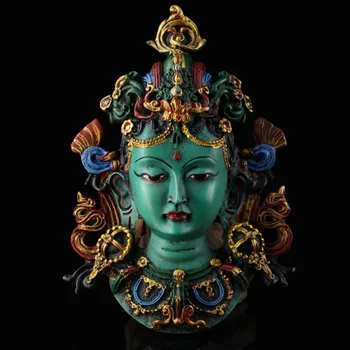 Коллекция 8-дюймового Тибетского храма, Старинная лакированная посуда, расписанная золотой мозаикой, Драгоценный камень, зеленая маска на голову Будды Тары, городской дом