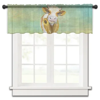 Короткая прозрачная занавеска на окно с коровьим подсолнухом, Тюлевые занавески для кухни, спальни, домашнего декора, Маленькие шторы из вуали