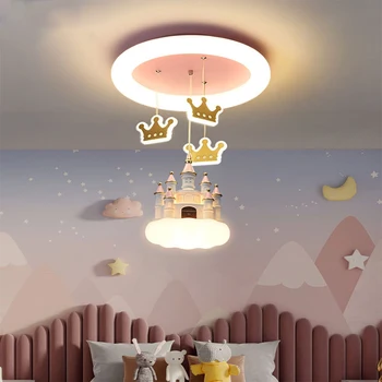 Креативный кулон из мультфильма для спальни девочки Светло-розовый Фэнтезийный замок в короне Светодиодная люстра для детской комнаты Подвесные светильники