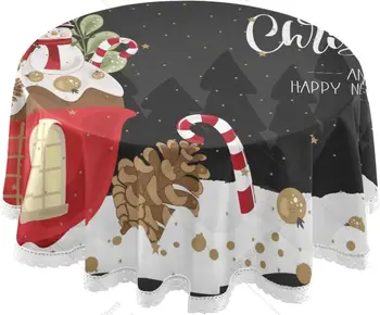 Круглая Скатерть с Рождественским Снеговиком, Снежинка, Санта-Клаус, коврик для скатерти с кружевом 60 дюймов для декора праздничной домашней вечеринки