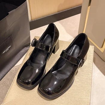 Маленькие кожаные туфли на массивном каблуке в британском стиле, женские туфли в стиле ретро 2023, новинка весны и осени, черные французские туфли Мэри Джейн в стиле ретро для женщин