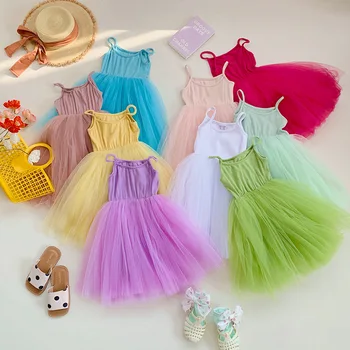 Милое сетчатое платье принцессы для маленьких девочек, модное бальное платье на бретелях без рукавов, вечерние платья