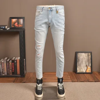 Мужские джинсы с дырками в стиле ретро светлого цвета, тонкие летние модные облегающие облегающие мужские брюки высокого класса