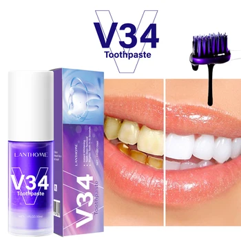 Мусс для отбеливания зубов V34 Professional Lanthome 30 мл, Фиолетовая зубная паста, Корректор, Пенка для удаления пятен от дымчатого кофе
