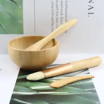 Набор мисок для макияжа из натурального бамбука 1шт с ложкой, шпателем и кисточкой, деревянной бамбуковой маской для блеска для губ, глиняным средством для ухода за лицом для женщин