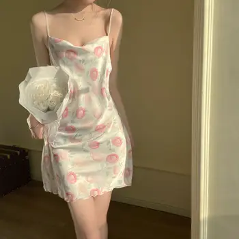 Новая сексуальная ночная рубашка, женская летняя пижама из ледяного шелка с U-образным вырезом и принтом Ins, чистая пижама, тонкое дышащее домашнее повседневное платье с принтом