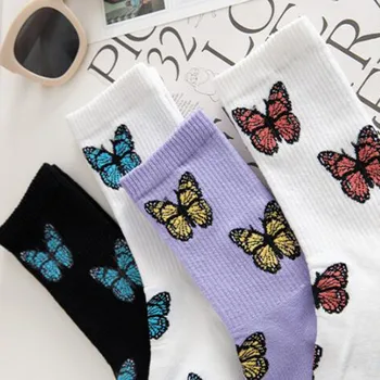 Новые Модные Фиолетовые Хлопчатобумажные Женские Носки С Рисунком Бабочки, Дышащие Японские Носки Harajuku В Стиле Хип-хоп, Носки Для Женщин
