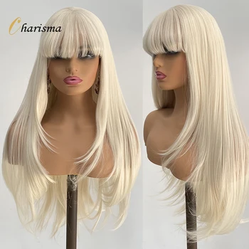 Парик Charisma из синтетического кружева спереди с челкой, парики блондинок натуральной волны для женщин, парики из термостойкого волокна, кружевные парики для косплея, светлый парик для косплея