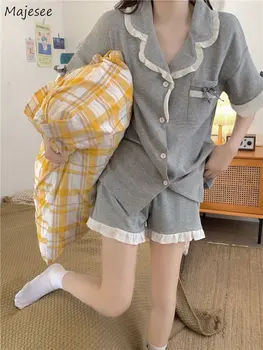 Пижамные комплекты с коротким рукавом, женские Летние Новые Оборки, милые домашние пижамы в японском стиле, свободные, повседневные, Шикарные, простые Модные пижамы