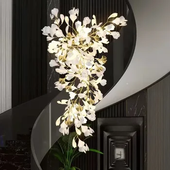 Подвесной светильник из листьев ветки гинкго, роскошная керамическая люстра для гостиной, столовой, вестибюля отеля, украшения потолка лестничной клетки