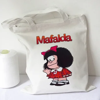 Покупательница Cute Mafalda Женская сумка-тоут в стиле Харадзюку для покупок, холщовая сумка многоразового использования, складные тканые джутовые мешки