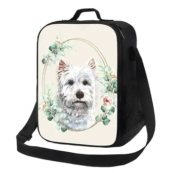 Собака Вест Хайленд Уайт Терьер в цветочном золотом венке Изолированная сумка для ланча Westie Pet Lover Cooler Термальная коробка для бенто для путешествий на пляж