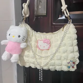 Сумки Sanrio для женщин, сумка через плечо контрастного цвета Hello Kitty, сумка с жемчужной цепочкой, модная сумка подмышками, сумка-тоут для аниме-девочек.