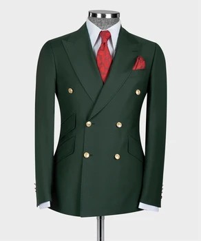 Темно-зеленые золотые пуговицы, 2 предмета, мужские костюмы, блейзер, брюки, элегантный деловой офисный мужской пиджак, официальный костюм для вечеринки по особому случаю.