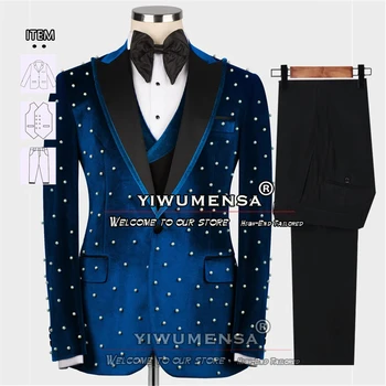 Темно-синие костюмы Для мужчин, Официальный Свадебный смокинг, комплект из 3 предметов, куртка, жилет, Брюки, Белый пиджак ручной работы, Мужское платье для званого ужина 2024 г.