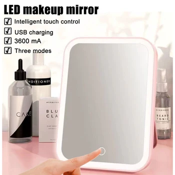 Туалетный столик со светодиодной подсветкой и сенсорным экраном, Затемняющее USB-перезаряжаемое Портативное Компактное зеркало для макияжа, Бело-Розовые Косметические инструменты для общежития