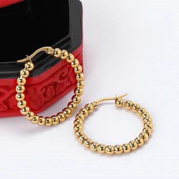 Уникальные серьги-кольца из нержавеющей стали золотого цвета VQYSKO, модные серьги-шарики из стали для девушек, женские аксессуары, ювелирные изделия