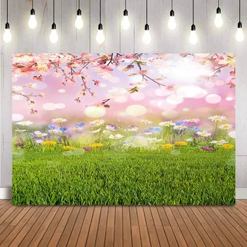 Фон для фотосъемки Весенний цветочный фон для портрета новорожденных детей для фотостудии Боке Блестящая зеленая трава Виниловый реквизит для пола