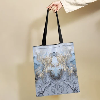 Холщовая сумка Yikeluo Blue с мраморным принтом, женская вместительная экологичная сумка для покупок, складная многоразовая сумка через плечо