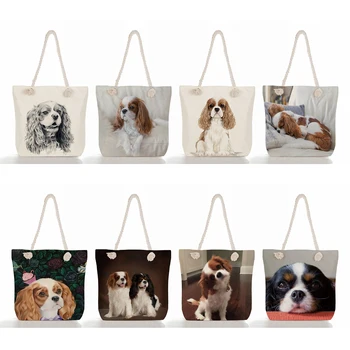 Эко-сумка для покупок, дорожная пляжная сумка, сумки с принтом собаки Чарльз Спаниель, Льняная женская сумка-тоут, большая вместительная сумка с милым животным через плечо.