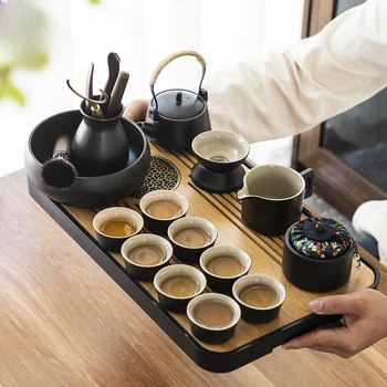 Японский чайный сервиз кунг-фу из черной керамики в стиле ретро, простой чайник на восемь чашек, чайный поднос двойного назначения для хранения воды.