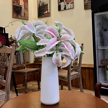 Вязание крючком Букета лилий Искусственные цветы, искусственные растения ручной работы для ваз, украшения для настольных цветочных композиций в домашней комнате