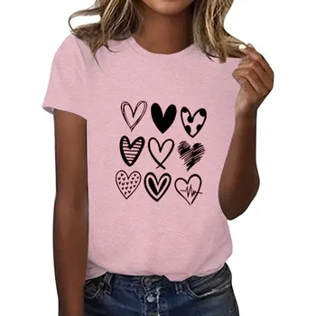 Милая футболка с принтом на День Святого Валентина, Женский топ с круглым вырезом и коротким рукавом, футболка с коротким рукавом, простой стиль, 2023 Новая блузка